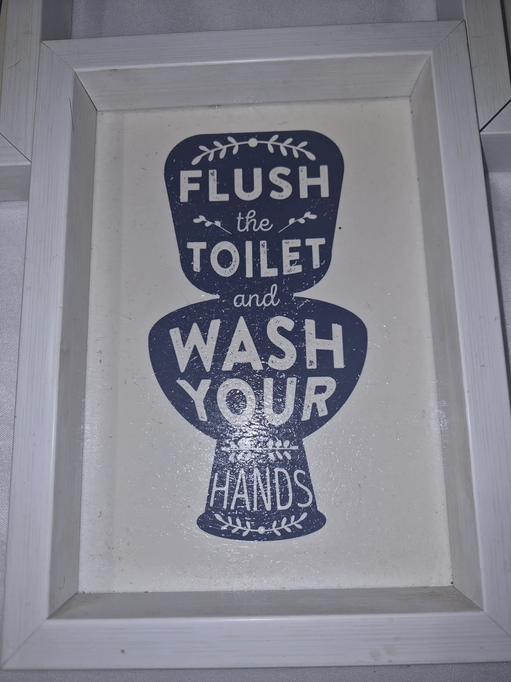 Bathroom Wall Art Set - White Frames with Navy Typography